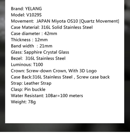 YELANG V1029S Men's Quartz Watch 42mm Japan OS10 Movement T100 Luminous 100M Waterproof Sports Military Style Watches Sapphire
