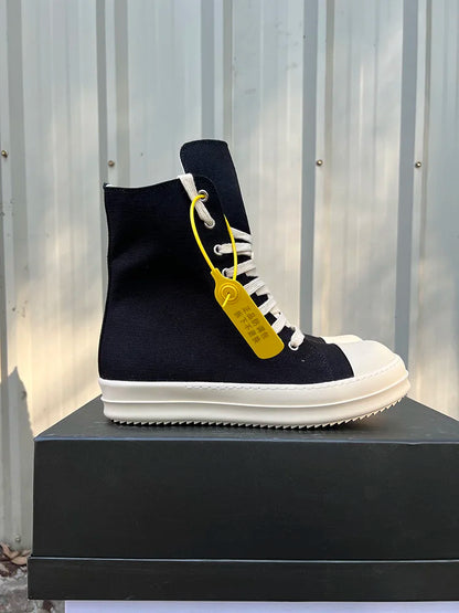 Casual High Top Quality Black Designer Men Leather Shoe Ro Pentagram Thick-sole Zip Flat Canvas Luxury Women Ankle boot Sneakers