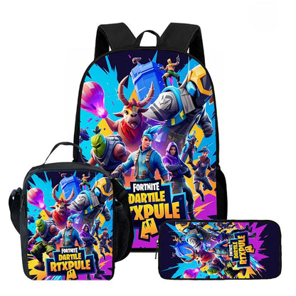 Fortnite Cartoon 3-teiliges Rucksack-Set für Jungen und Mädchen, unisex, mit Schulranzen, Lunch Bag und Federmäppchen, geeignet für Kinder von 5-8 Jahren
