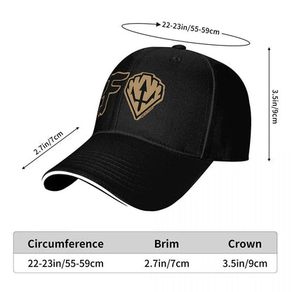 FORTNITE BASEBALL CAP WITH GOLD LOGO DESIGN BLACK AND WHITE TRIM ADJUSTABLE FIT FOR GAMING FANS AND STYLE ENTHUSIASTS