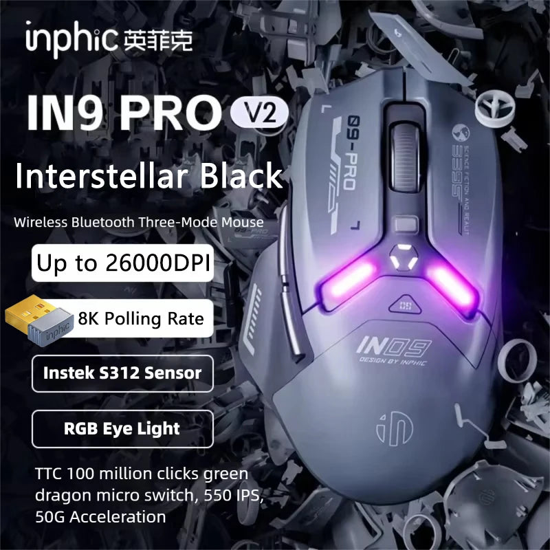 Inphic IN9PRO Wireless Gaming Mouse 26000DPI 8K Polling Rate Bluetooth 5.0 Wired 2.4G Tri-Mode RGB Ergonomic Gaming Mouse