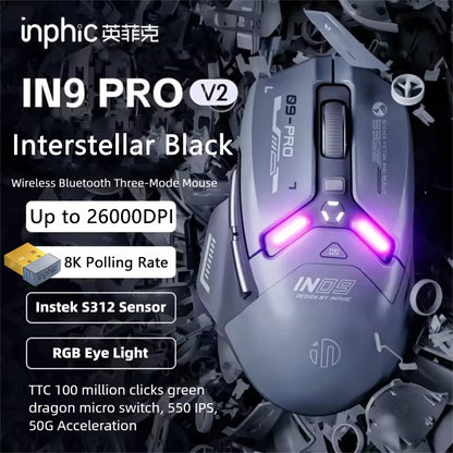 Inphic IN9PRO Wireless Gaming Mouse 26000DPI 8K Polling Rate Bluetooth 5.0 Wired 2.4G Tri-Mode RGB Ergonomic Gaming Mouse