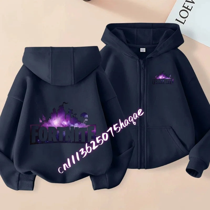 Nieuw Fortnite-kinderhoodiejack met cartoon-gamepersonageprint en rits, herfst- en winterjas voor kinderen, jongenskleding