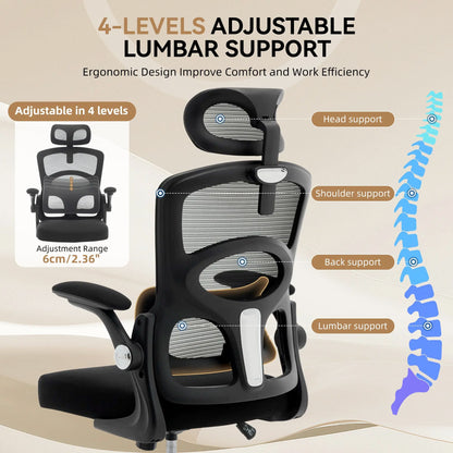 Ergonomic High Back Office Chair with Adjustable Headrest, Lumbar Support, Mesh Computer Gaming Chair, 360° Swivel Rolling Desk Chair