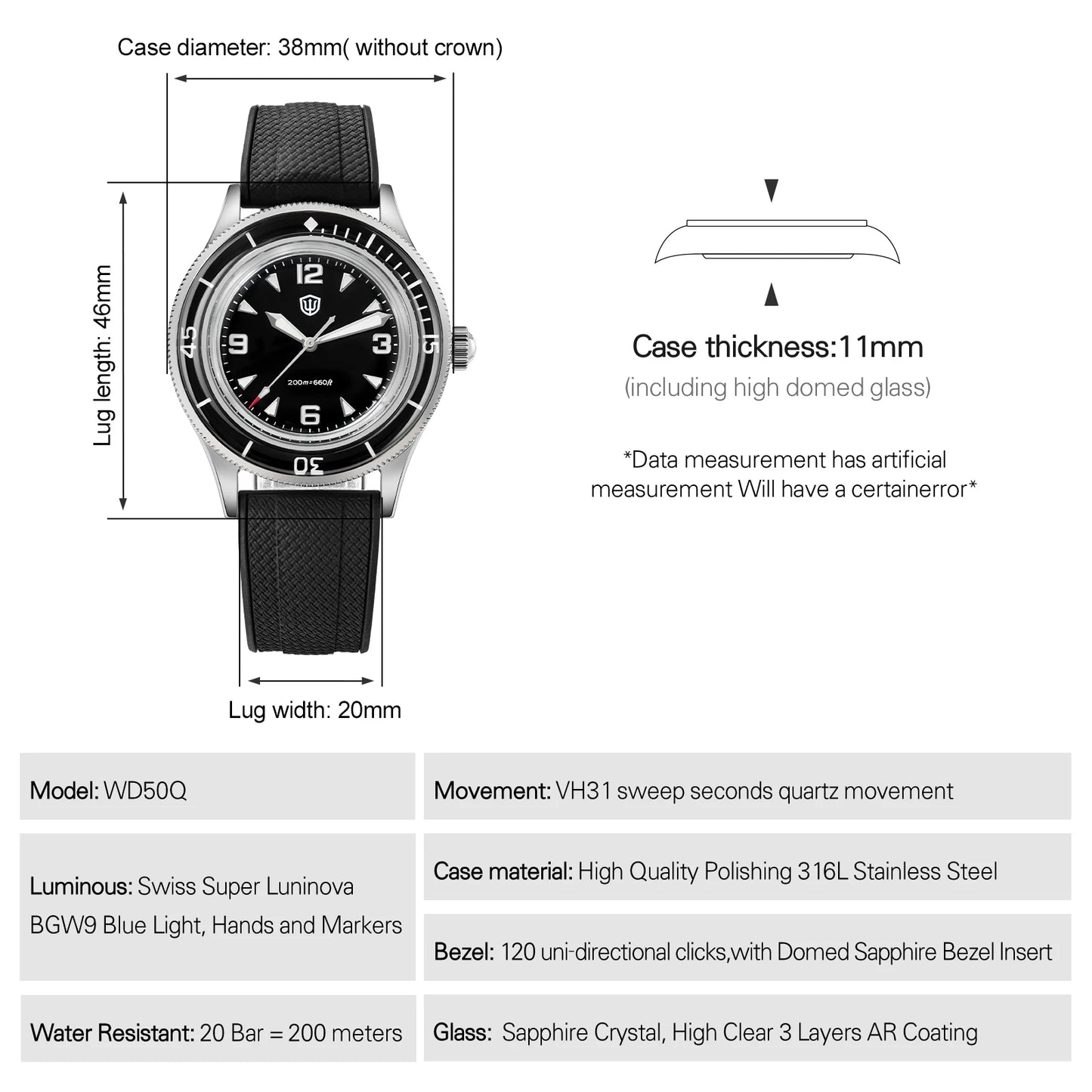 Watchdives WD50Q 38mm Watch Stainless Stee VH31 Sweep Seconds Quartz Movement Men Watches Bubble Sapphire Luminous Waterproof