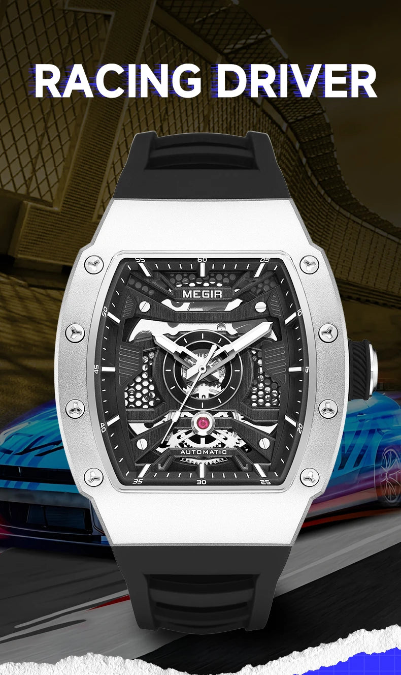 MEGIR Men's Automatic Mechanical Watch with Stainless Steel Case Silicone Strap Fashion Waterproof Luminous Wristwatch 8604