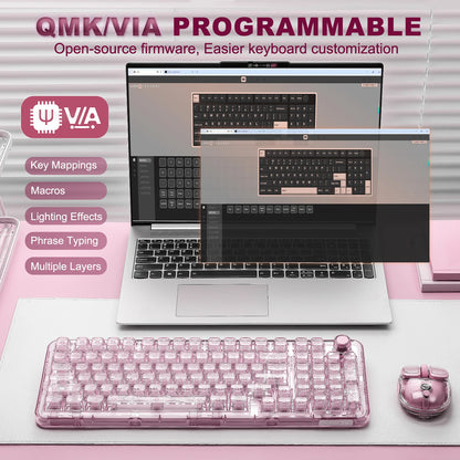 YUNZII X98 Pink QMK/VIA Wireless Transparent RGB Keyboard, Hot-Swap Gasket Mechanical Gaming Keyboard, Pre-lubed Knob Keyboard