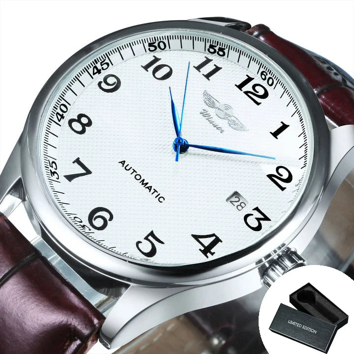 Reloj para hombre WINNER – Estilo clásico, retro y elegante – Reloj mecánico automático con calendario – Marca de lujo, caja de acero y correa de piel