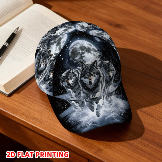 Classic Baseball Cap Featuring a 2D Flat Print of Wolves Under a Full Moon Lightweight Adjustable Duckbill Hat