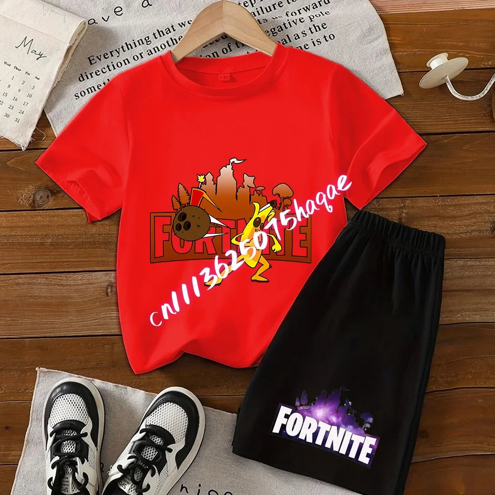 Fortnite Series T-shirt Shorts Suit for Children Hot Game Top and Pants Set Summer Cute Home Loungewear Outfit Birthday Gift
