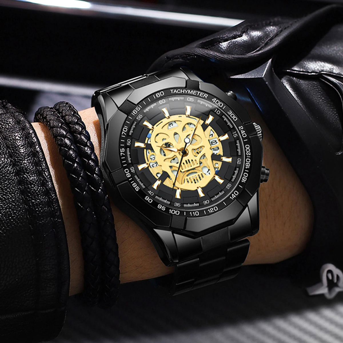 Pánske náramkové hodinky BINBOND s motívom lebky a kostry, s presným quartzovým strojčekom, luxusné, svietiace, vodotesné, s automatickým dátumom, odolné.