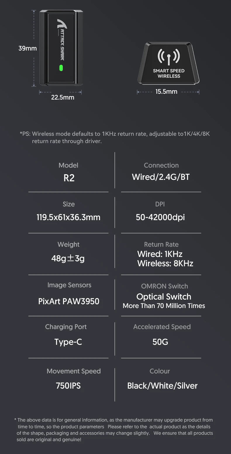 Attack Shark R2 trådlös gamingmus PAW3950 8K i magnesiumlegering, lätt gamingmus med Bluetooth Tri-Mode för gaming/kontor