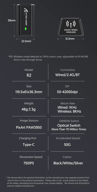 Attack Shark R2 trådlös gamingmus PAW3950 8K i magnesiumlegering, lätt gamingmus med Bluetooth Tri-Mode för gaming/kontor