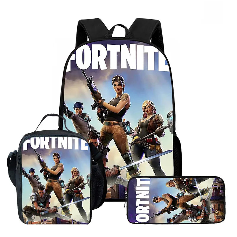 Fortnite Cartoon 3-teiliges Rucksack-Set für Jungen und Mädchen, unisex, mit Schulranzen, Lunch Bag und Federmäppchen, geeignet für Kinder von 5-8 Jahren