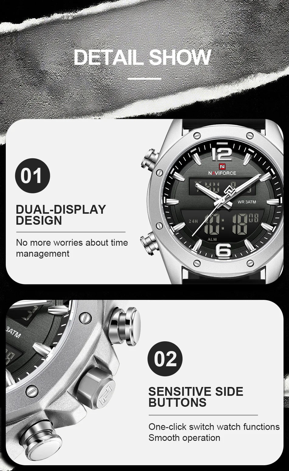 NAVIFORCE Men Quartz LCD Dual Display Watch With Silicone Strap 3ATM Waterproof Shockproof Night Light Round Case Sport Casual