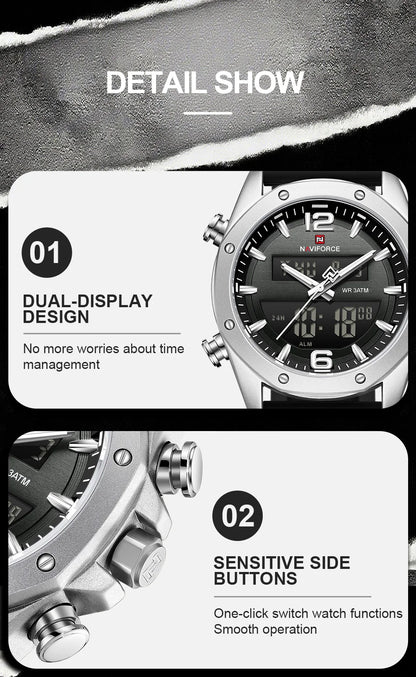 NAVIFORCE Men Quartz LCD Dual Display Watch With Silicone Strap 3ATM Waterproof Shockproof Night Light Round Case Sport Casual