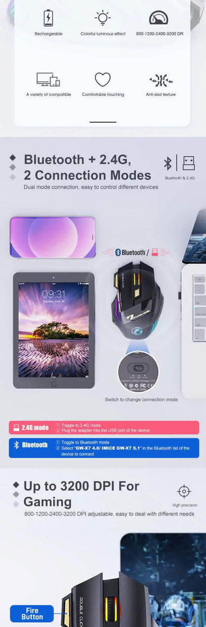 Langaton Bluetooth-hiiri, ladattava tietokonehiiri, ergonominen pelihiiri pelaajille, RGB-taustavalaistu hiljainen hiiri PC:lle