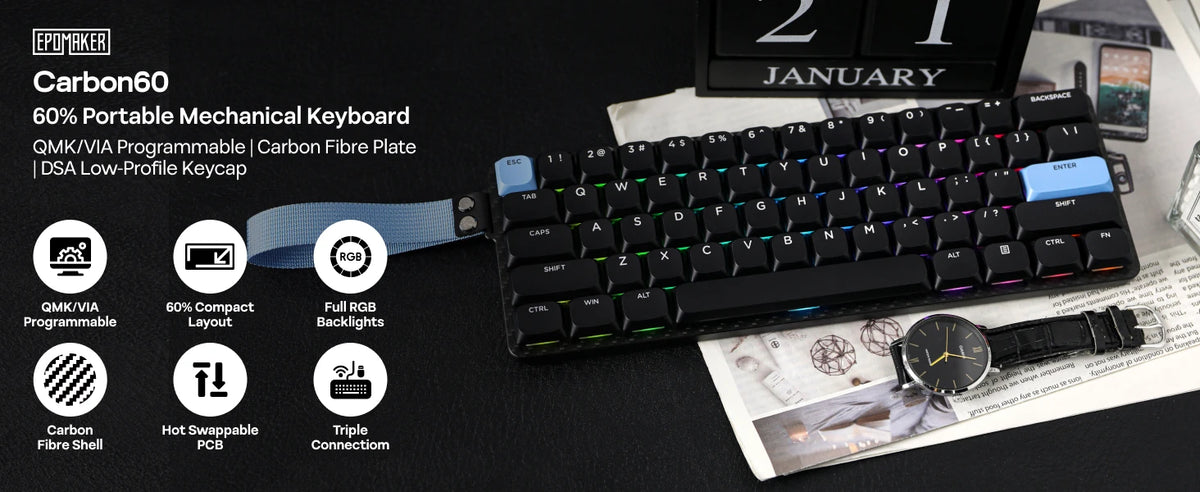 EPOMAKER Carbon60 60% QMK/VIA ANSI VIA Wired/Bluetooth 5.0/2.4GHz Wireless Portable Mechanical Keyboard Carbon Fiber Case