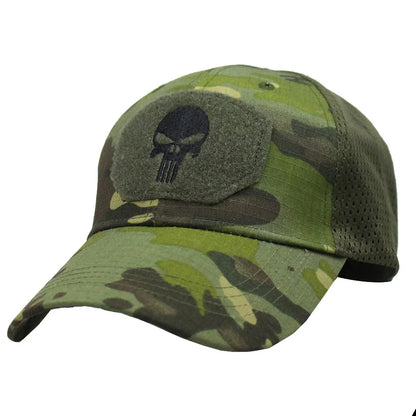 Baseballkappe im Camouflage-Look, aus atmungsaktivem Netzgewebe, taktische Camo-Kappe der Special Forces, mit Totenkopf- und Enten-Schirm