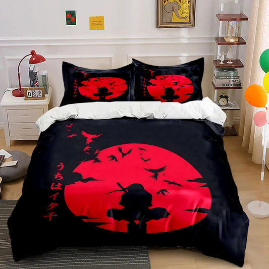 Japanese Ninja Silhouette Under the Red Moon Pattern Duvet Cover Set Digital Print Colorful Polyester Bedding with Zipper Closure