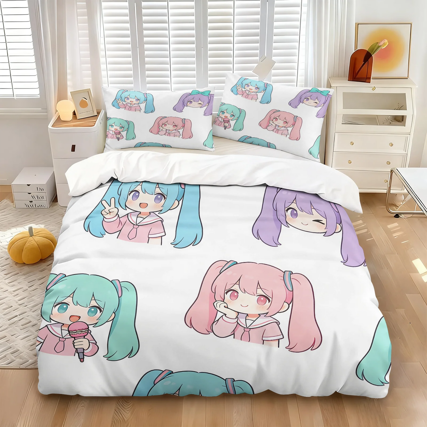 Set navlake za poplun Hatsune Miku u chibi stilu, slatka anime posteljina s jastučnicama, dekor za gaming sobu, spavaću sobu tinejdžera i djece, poklon za fanove