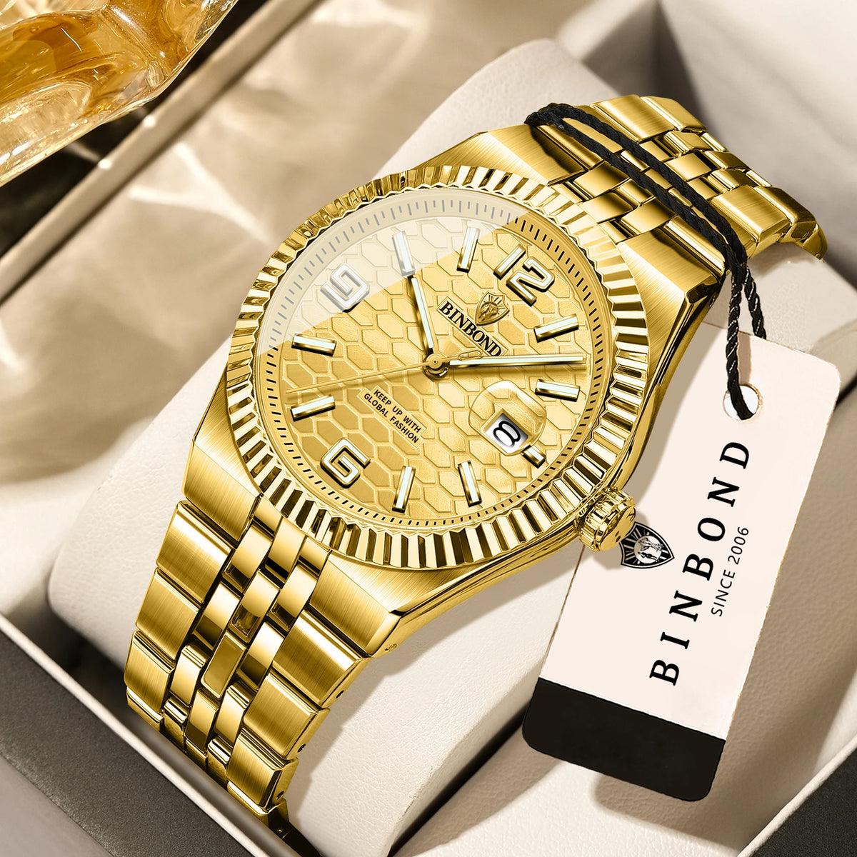 Montre-bracelet à quartz de luxe BINBOND, lumineuse, étanche, date automatique, pour homme, en acier, style business, sport, mode et décontracté.