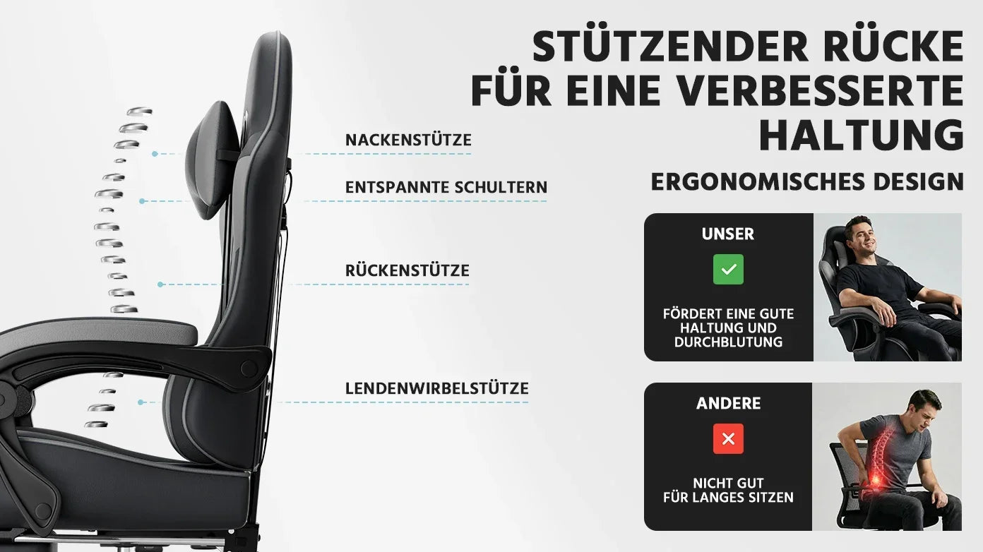 Ergonomic Gaming Chair with Lumbar Support, Adjustable Reclining PC Gaming Chair, Breathable PU Leather Office Chair, 200kg Heavy Duty