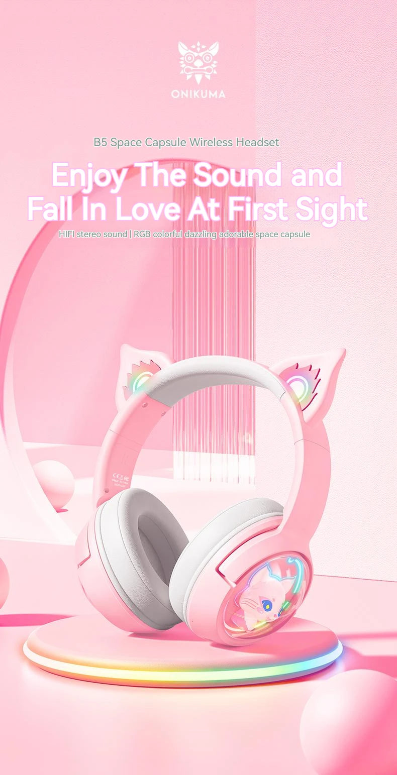 ONIKUMA B5 Wireless Gaimng Headset with Cat Ears Surround Sound Headphone Over-Ear For PC Laptop Games And Music Gamer Headphone
