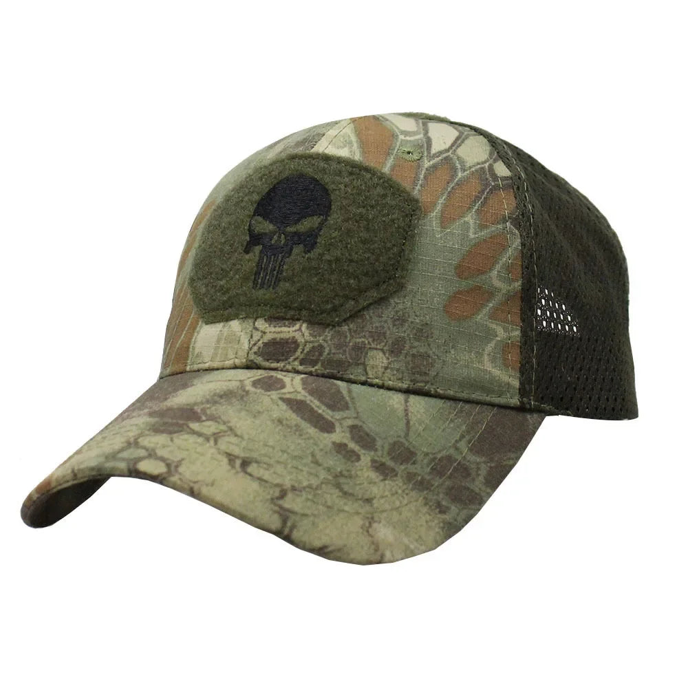 Baseballkappe im Camouflage-Look, aus atmungsaktivem Netzgewebe, taktische Camo-Kappe der Special Forces, mit Totenkopf- und Enten-Schirm