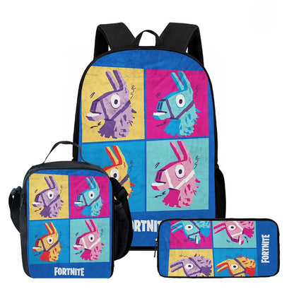 Fortnite Cartoon 3-teiliges Rucksack-Set für Jungen und Mädchen, unisex, mit Schulranzen, Lunch Bag und Federmäppchen, geeignet für Kinder von 5-8 Jahren
