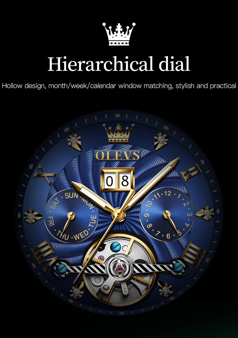 OLEVS 9910 Herreur Original luksusmærke Vandtæt Selvlysende Automatisk mekanisk ur Ur med dobbelt kalender Uræske Reloj