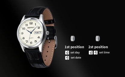 BERNY Quartz Watch for Men Miyota 2405 Business Male Wristwatch Day Top Calendar Genuine Leather Classic Men Watches Waterproof