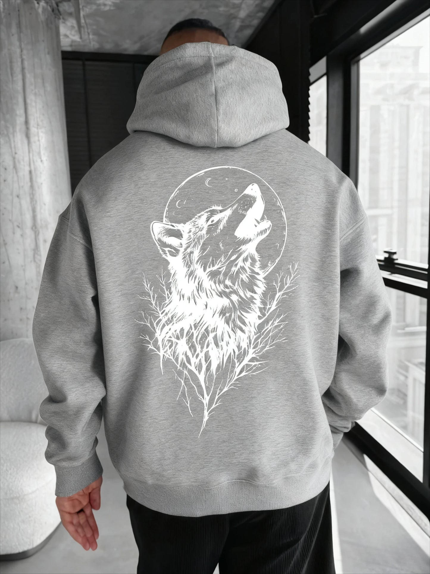 Men's Wolf Pattern Printed Hooded Sweatshirt A Comfortable Casual and Fashionable Hooded Pullover Shirt Men's Clothing