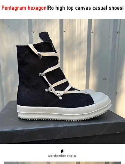 Casual High Top Quality Black Designer Men Leather Shoe Ro Pentagram Thick-sole Zip Flat Canvas Luxury Women Ankle boot Sneakers