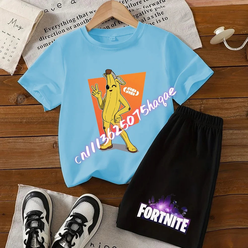 Fortnite Series T-shirt Shorts Suit for Children Hot Game Top and Pants Set Summer Cute Home Loungewear Outfit Birthday Gift