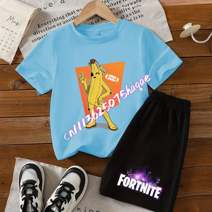 Fortnite Series T-shirt Shorts Suit for Children Hot Game Top and Pants Set Summer Cute Home Loungewear Outfit Birthday Gift
