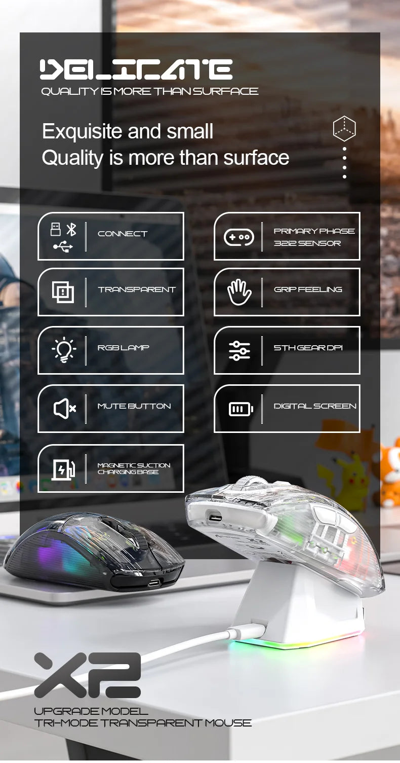 Attack Shark X2PRO Bluetooth Mouse, Tri-Mode , RGB Lights, Magnetic Charging ,Transparent, Battery Indicator, Computer Phone