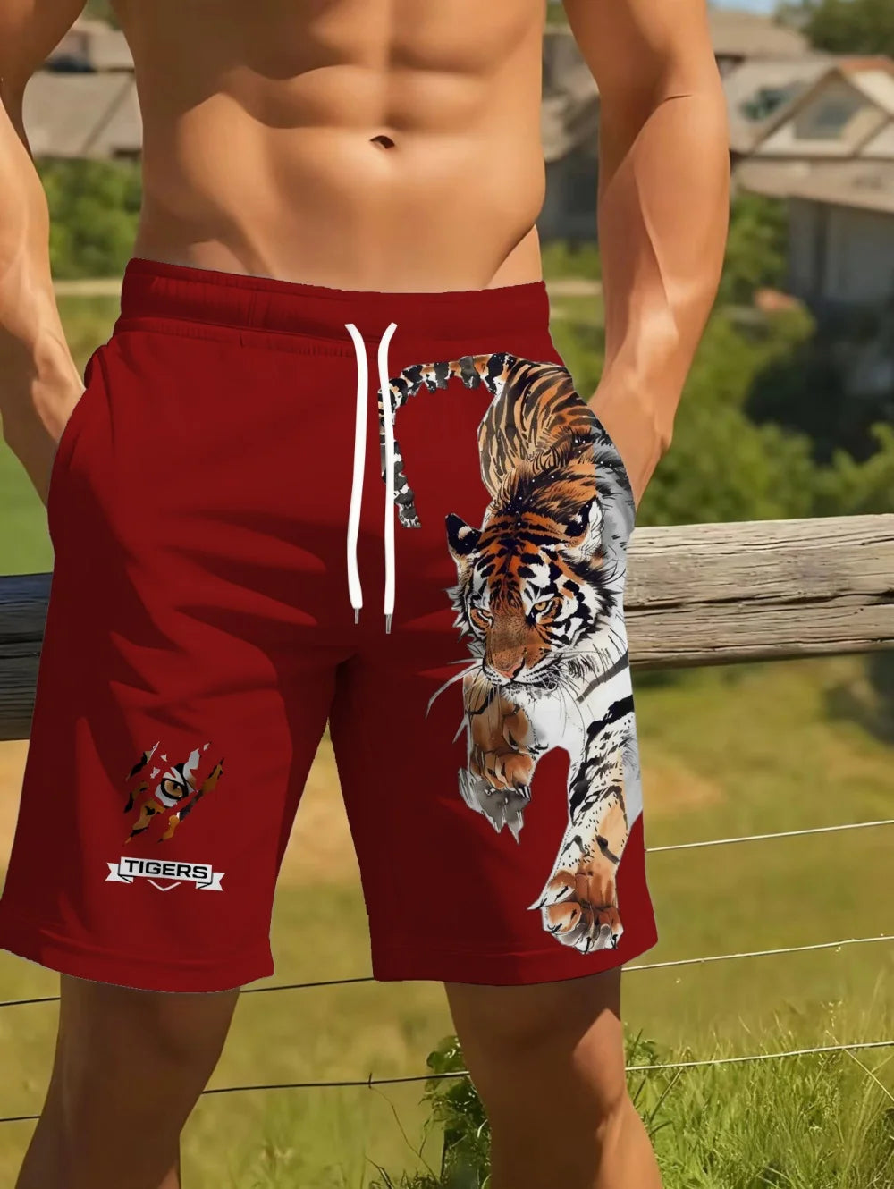 Men Beach Shorts Casual Animal 3D Print Tiger Graphics Drawstring Summer Running Shorts Loose Quick-Dry Sportswear Men Clothes