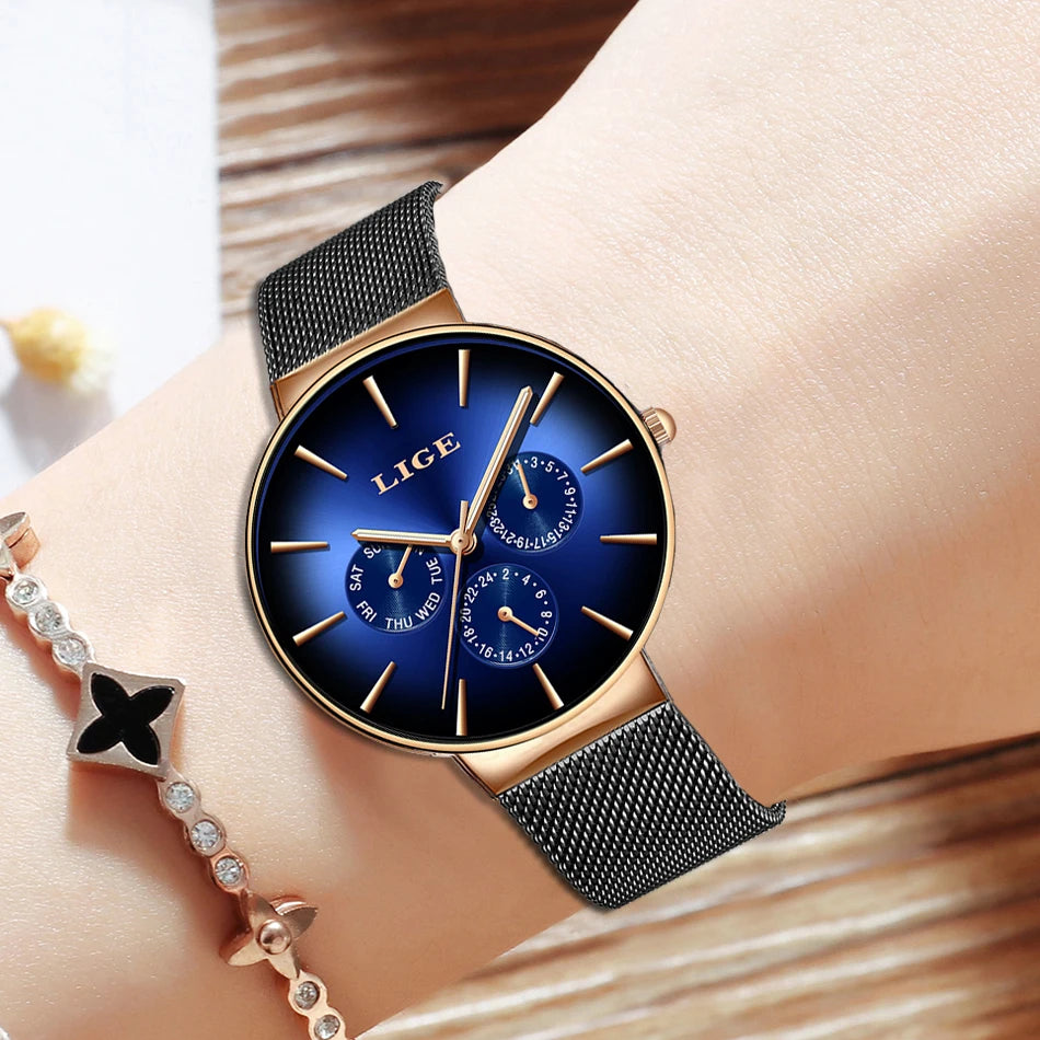 LIGE women’s watch, elegant and on-trend – sporty-casual style, mesh strap, quartz movement, date and day display, water-resistant.