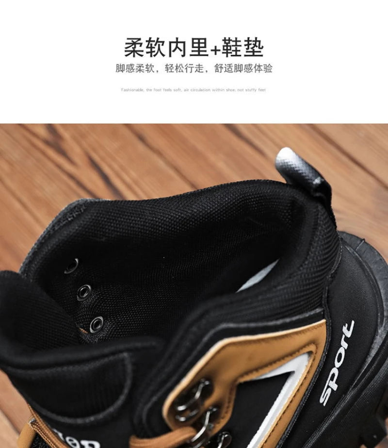 Black and Tan Mid-Top Hiking Boots Suede and Leather Platform Sneakers Non-Slip Outdoor Casual Shoes with Rugged Sole for All