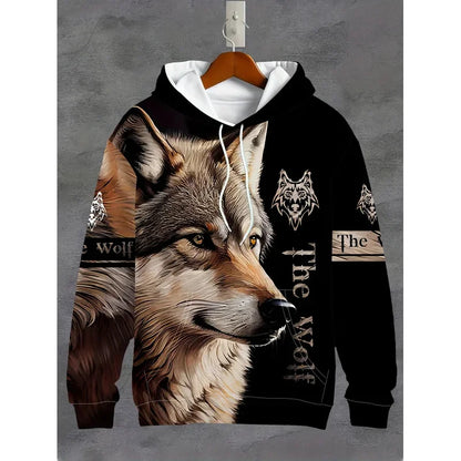 Men's 3D White Wolf Print Hoodie, Casual Long Sleeve Pullover with Drawstring Pocket, 100% Polyester Slight Stretch Men's Clothing