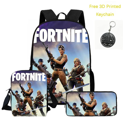 3Pcs Kids Backpack Set, Crossbody & Pencil Bag, FORTNITE Cartoon Bag, Lightweight for Boys and Girls Ages 5-10, Free 3D Printed Keychain