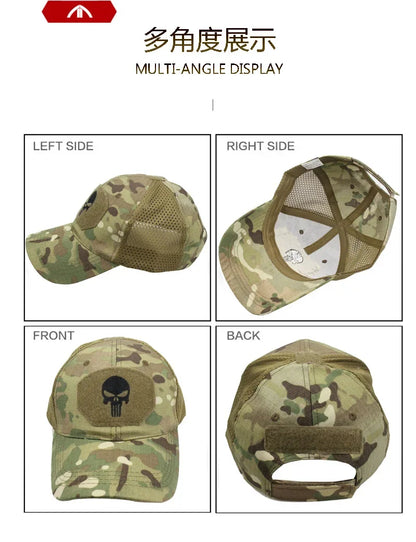 Baseballkappe im Camouflage-Look, aus atmungsaktivem Netzgewebe, taktische Camo-Kappe der Special Forces, mit Totenkopf- und Enten-Schirm