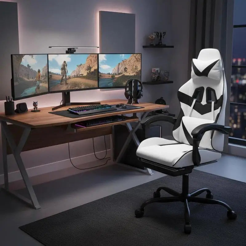 Gaming Chair with Footrest, Reclining Gaming Chair, Adjustable Height 360° Swivel Gaming Chair in White & Black PU Leather for Office & Gaming