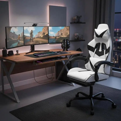 Gaming Chair with Footrest, Reclining Gaming Chair, Adjustable Height 360° Swivel Gaming Chair in White & Black PU Leather for Office & Gaming