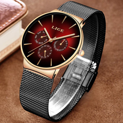 LIGE women’s watch, elegant and on-trend – sporty-casual style, mesh strap, quartz movement, date and day display, water-resistant.