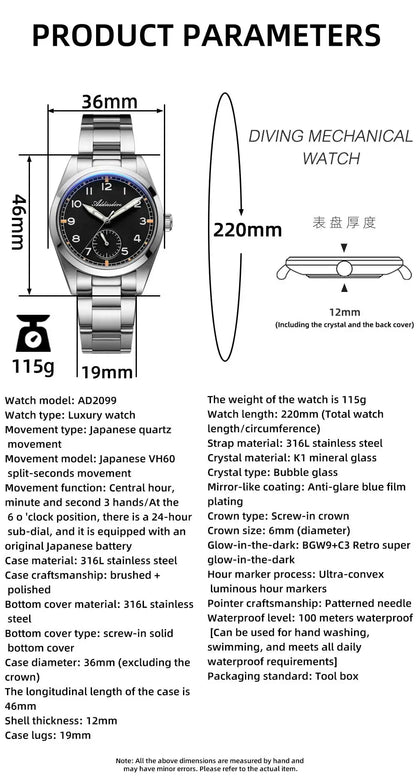 ADDIESDIVE 36mm Men's Quartz VH60 Watch BGW9 Luminous Bubble Mirror Pot Cover Glass 10Bar Waterproof Stainless Steel Watch