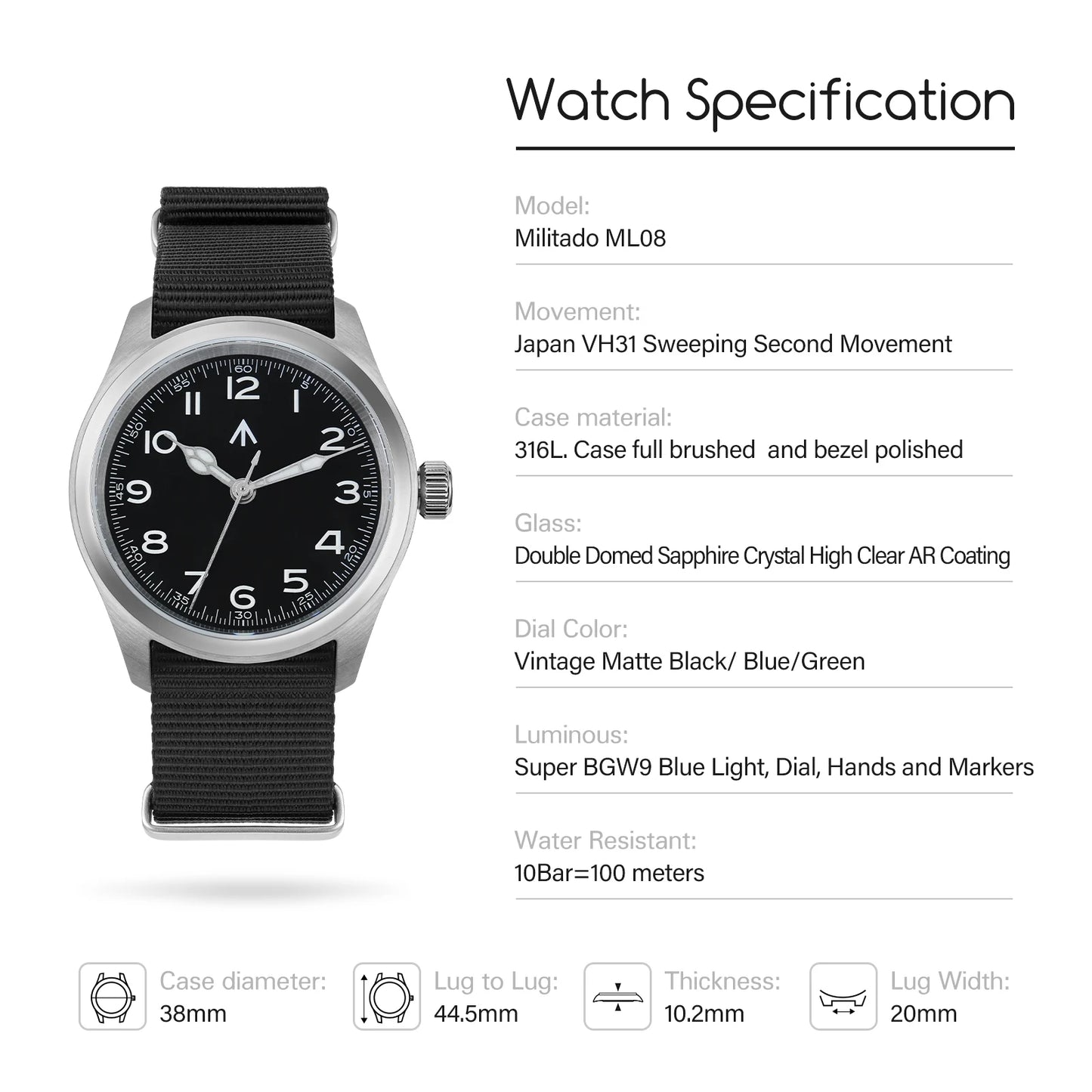 Militado ML08 Vintage Watch VH31 Quartz Movement Domed Sapphire Crystal Wristwatch BGW9 Luminous Vintage 38mm Quartz Watches