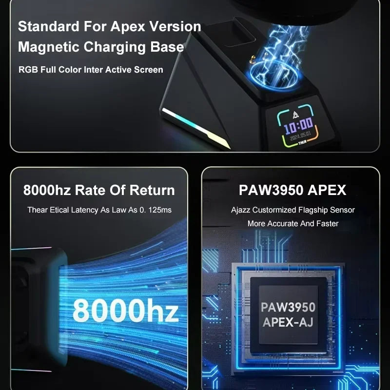 Ajazz AJ179 APEX Wireless Gaming Mouse with Color Screen Base, Bluetooth, PAW3395, 400mAh Battery, 8000Hz Refresh Rate