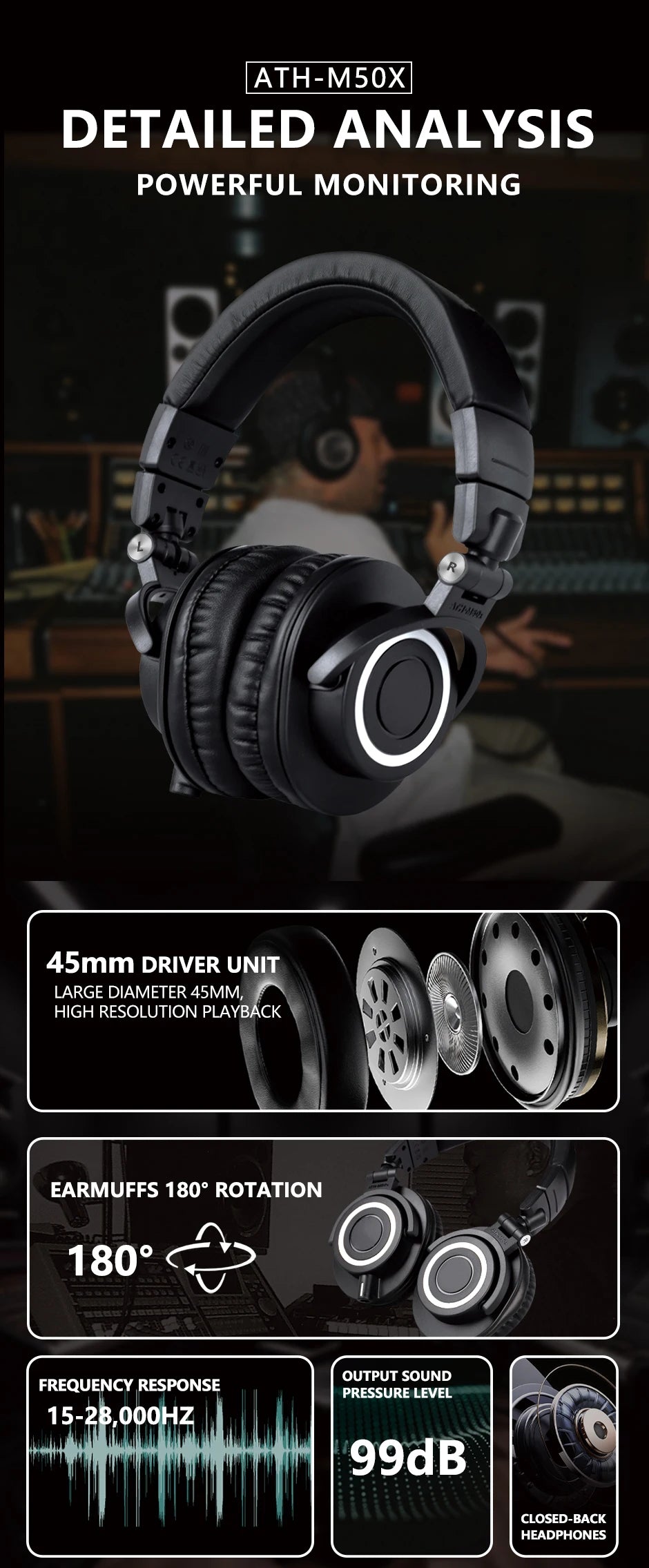 Sanpusen ATH-M50X Professional Studio Monitoring Headphones with 45mm Drivers for Clear Sound and Superior Isolation